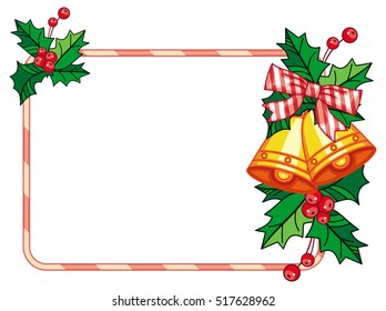 Horizontal frame with holly berry and jingle bells. Copy space. Christmas decoration. Vector clip art.