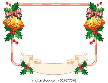 Horizontal frame with holly berry and jingle bells. Copy space. Christmas decoration. Vector clip art.