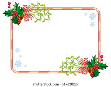 Horizontal frame with holly berry, pine cones, bows. Copy space. Christmas decoration. Vector clip art.