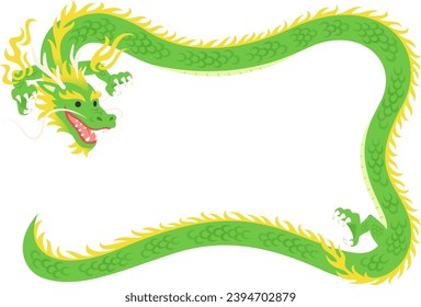 Horizontal frame illustration of a green long dragon