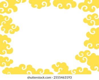 Horizontal frame illustration surrounded by golden swirl clouds