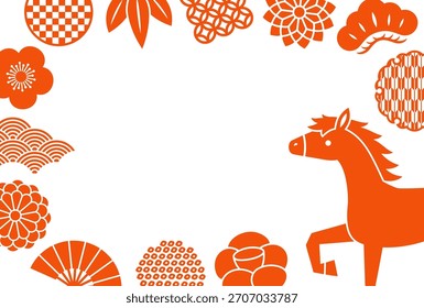 Horizontale Rahmengrafik, umgeben von roten japanischen Ornamenten und einem Pferd, das einen seiner Beine hebt