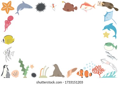 Horizontal frame for illustration of various fish and mammals, seaweed, mollusks in aquarium