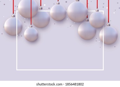 Horizontal frame with light purple christmas tree balls hanging on red ribbons. Space for text. Vector holiday illustration.