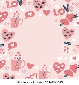 horizontal frame with love stickers, hearts. Hand drawn hearts, words, mug, bottle, box in doodle style. Love concept for valentines day. Invitations, planners, posters, banners