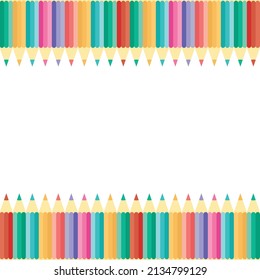 Horizontal frame made of colored pencils on a white background. For posters and announcements. School supplies. Ready for school stuff. Back to school. Vector illustration