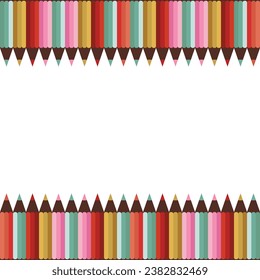 Marco horizontal hecho de lápices de colores sobre un fondo blanco. Para afiches y anuncios. Suministros escolares. Listo para las cosas de la escuela. De vuelta a la escuela. Ilustración del vector
