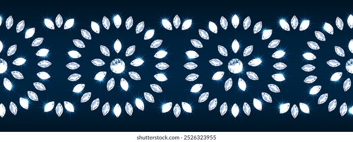 Quadro horizontal feito de diamantes em um plano de fundo preto-azul. Elementos de design de joias com diamantes brilhantes. Faixa, cartaz, cartão-presente, modelo de convite. Vetor.