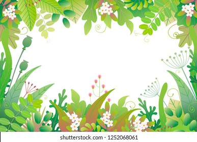 Horizontal frame made with green leaves, grass and flowers on white background with space for text. Floral border with simple elements of spring plants. Vector flat illustration.