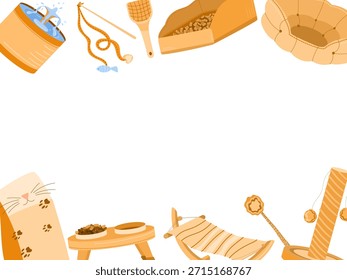 Un marco Horizontal hecho de varios artículos de la tienda del animal doméstico que forman un borde lúdico. Perfecto para Anuncios, volantes o empaques de productos. Incluye juguetes, cajas de arena, cuencos de agua y un lindo gato oculto.