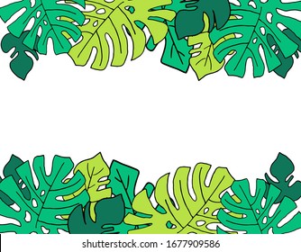 Horizontal frame made of vector exotic tropical leaves . Color monstera leaves are stacked in a frame.  Doodle style.  Modern decor.For decoration of postcards , invitations, weddings and design.