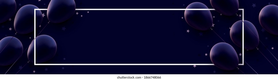 Horizontal frame with matt dark violet balloons with threads on dark violet background. Stars confetti. Space for text. Vector festive illustration.