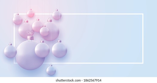 Horizontal frame with matt light blue and pink christmas balls hanging on threads. Space for text. Vector festive illustration.