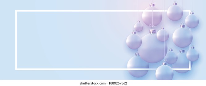 Horizontal frame with matt light blue christmas balls hanging on threads. Space for text. Vector festive illustration.