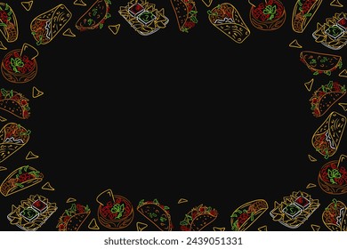 Horizontal frame with Mexican food. Dark theme. Frame template or design print with traditional street food. Good for banner, background, social media graphics