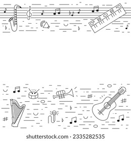 Horizontal frame of musical instruments black and white. Vector illustration EPS10