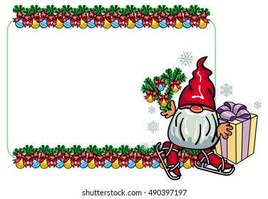 Horizontal frame with New Year balls and cute gnome ice skating. Vector clip art.