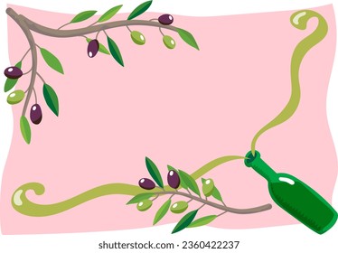 Horizontal frame of olive branches and olive oil