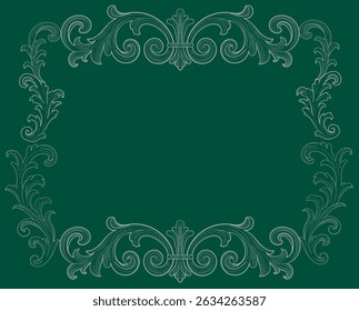 Horizontal Frame of ornate vintage Victorian style. dark green classic calligraphy swirls. Design print for greeting cards, wedding invitations, restaurant menu, royal certificates. Vector hand drawn