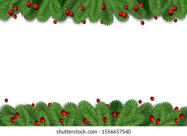 Horizontal frame with photo realistic green christmas tree branches red berries. Rectangular background for seasonal winter greetings.