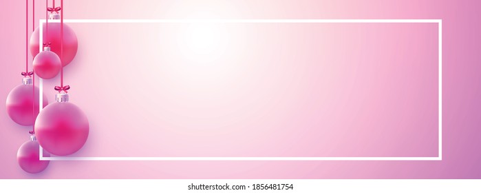 Marco horizontal con bolas de árbol de navidad rosa colgando de cintas rojas. Espacio para texto. Ilustración vectorial de vacaciones.
