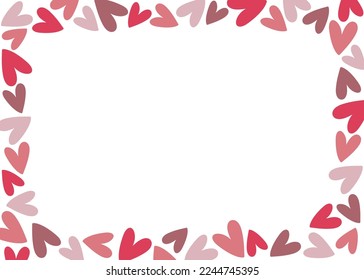 Horizontal frame with pink and purple hearts on white background. Hand drawn doodle style. Isolated vector illustration