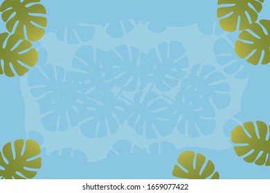 Horizontale Rahmenpostkarte mit grünen tropischen Blättern an den Rändern einzeln auf hellblauem Hintergrund.