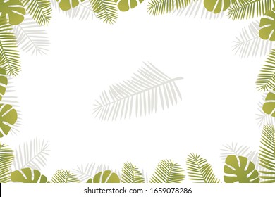 Horizontal frame postcard with green tropical leaves isolated on the edges on a white background.