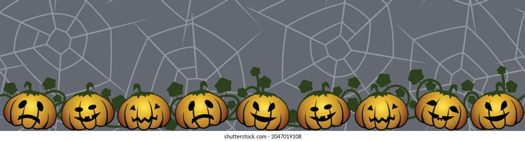 horizontal frame with pumpkins and cobwebs on gray background