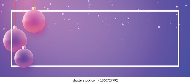 Horizontal frame with purple christmas tree balls hanging on red ribbons. Space for text. Vector holiday illustration.