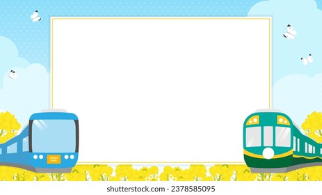 marco horizontal de flores de violación en flor, cielo azul y trenes