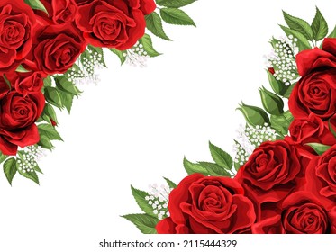 Horizontal frame of red blossom rose scarlet flowers. Clip-art vector template for greeting card, wedding or Valentines day. Save the date vector template holiday card design