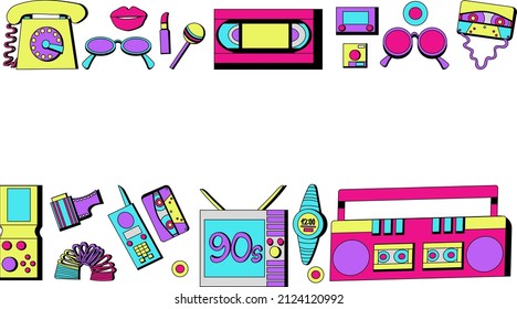 Horizontal frame of retro culture items from the nineties. Hand drawn set of 90s, retro items.Vector cartoon doodle character illustration wallpaper design. illustration isolated on white background. 