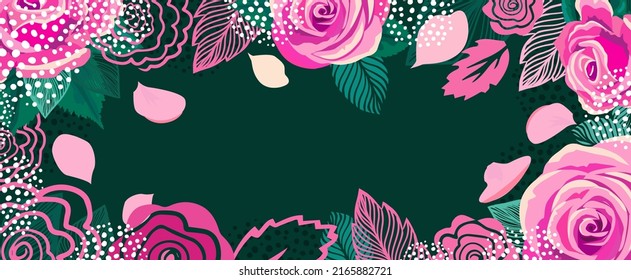 Horizontaler Rosenrahmen. dunkler Hintergrund. Vektorgrafik
