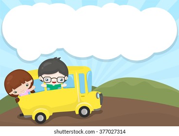 horizontal frame with school bus and kids