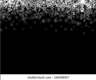 Horizontal frame with snowflakes falling down into darkness