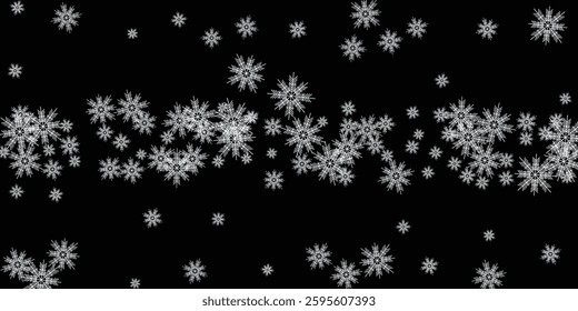 Horizontal frame with snowflakes falling down into darkness Snowflakes bokeh effect abstract blur.