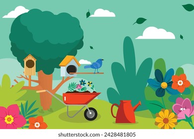 horizontal frame spring background illustration with flowers and leaves. bird houses on trees, flower carts and beautiful spring views