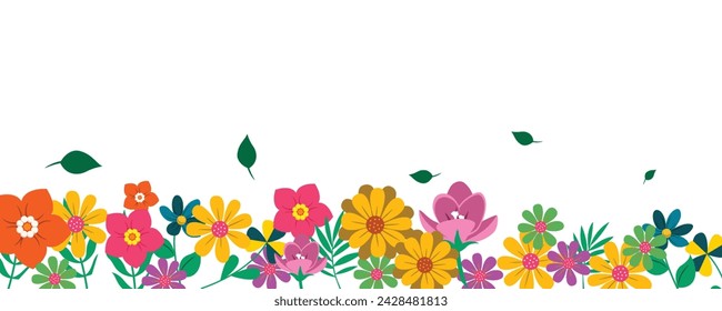 horizontal frame spring background illustration with flowers and leaves. bird houses on trees, flower carts and beautiful spring views