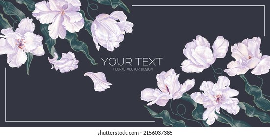 Horizontal frame spring banner with white tulips on dark background, place for text. Banner for social networks, outdoor advertising. Highly realistic flowers, vector.