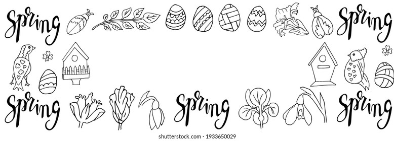 horizontal frame with spring botanical elements in vector. Elements of floral design in the style of Doodle sketch.  birds, birdhouses, beetles Easter eggs. For invitations, cards, designs for Easter.