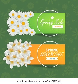 Horizontal Frame Spring Sale Vector Web Banner Template. Flowers and Nature Elements Design