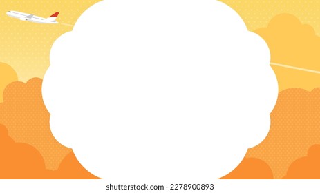 horizontale Rahmenvorlage eines Flugzeugs, das über den Sonnenuntergangshimmel fliegt
