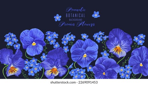 Horizontal frame, template, card, place for text, social media post with blue realistic flowers. Pansies, Forget-me-not on dark background. Vector plants, drawn by hand. Botanical background on spring