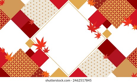 horizontal frame template with geometric Japanese pattern and maple leaves in autumn