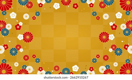horizontal frame template with Japanese style flowers scattered on a golden checkered background
