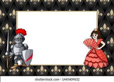 Horizontal Frame with theknight with lance and princess on the medieval fleur de lis royal lily background. Education diploma or birthday card template