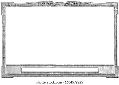 Horizontal Frame with title plate at bottom, it is a line pattern, vintage line drawing or engraving illustration.