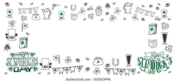 horizontal frame with traditional St. Patrick's Day symbols drawn in a doodle style. Vector background of beer mugs, clover, pub decorations, leprechaun hats and happy St. Patrick's Day lettering.