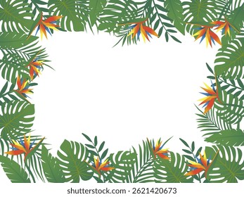 Horizontal frame of tropical leaves and bright flowers isolated on white background. Hand drawn vector illustration